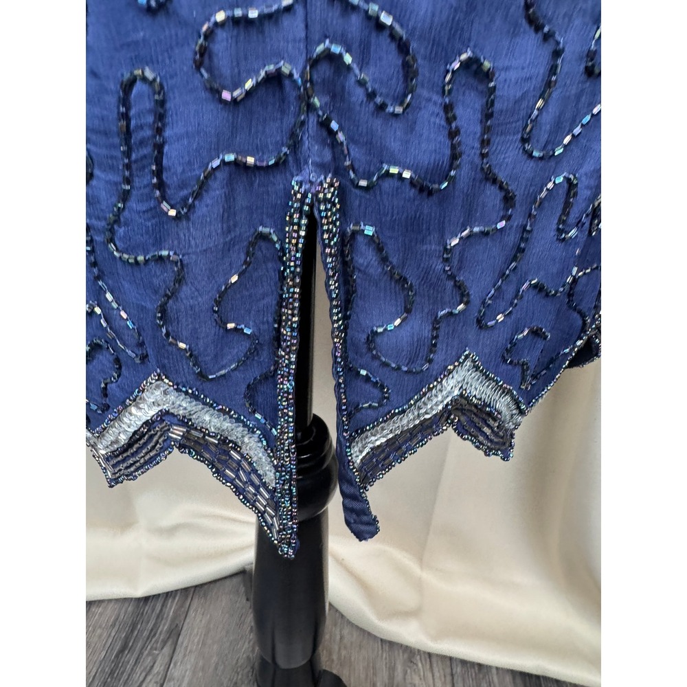 Vintage 80s Laurence Kazar New York Silk Beaded Dress Blue Art Deco Midi PL - Picture 7 of 11